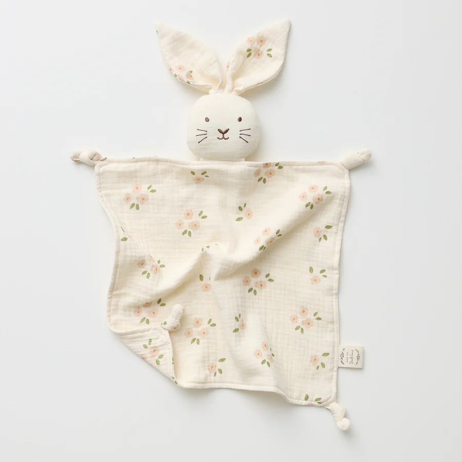 Over the Dandelions Buney Lovey in Daisy Print at Cerise. Made from 4 layers of soft organic muslin , Bunny Lovey with floppy bunny ears will become a treasured comforter for newborns and an ideal baby shower gift.