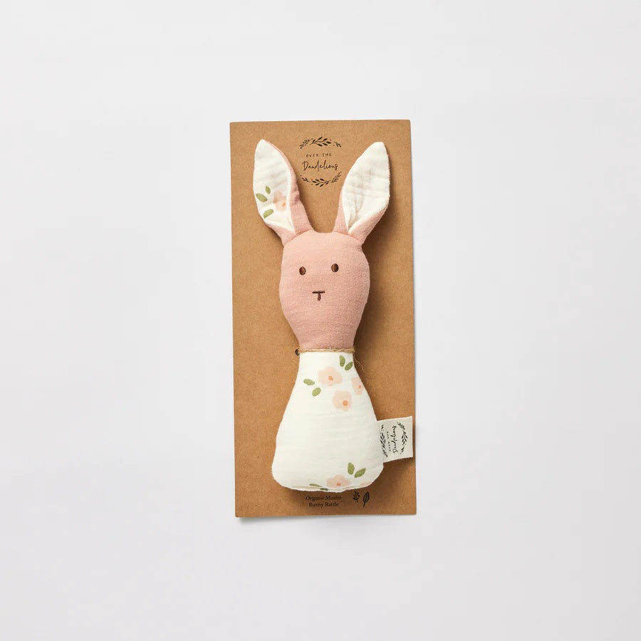 Over the Dandelions Bunny Rattle in Daisy & Pink design at Cerise. Features cute soft muslin rattle with bunny ears and an inside jingle ball for sensory stimulation. An ideal baby shower or newborn gift.