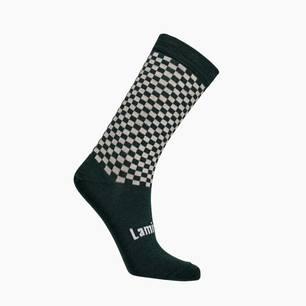 Lamington Merino NZ made cosy socks in Byron pattern of green and natural checks