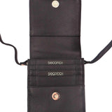 Black leather wallet with visible brand name on a white background