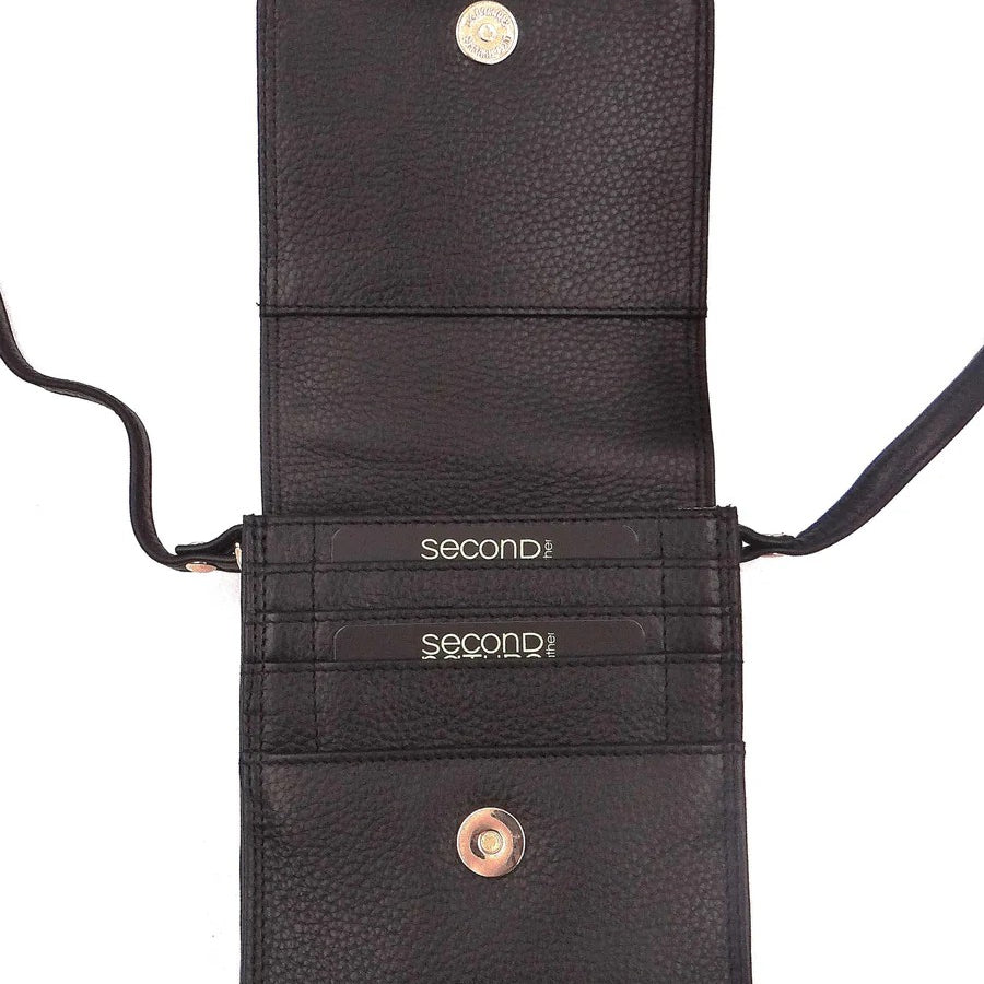 Black leather wallet with visible brand name on a white background