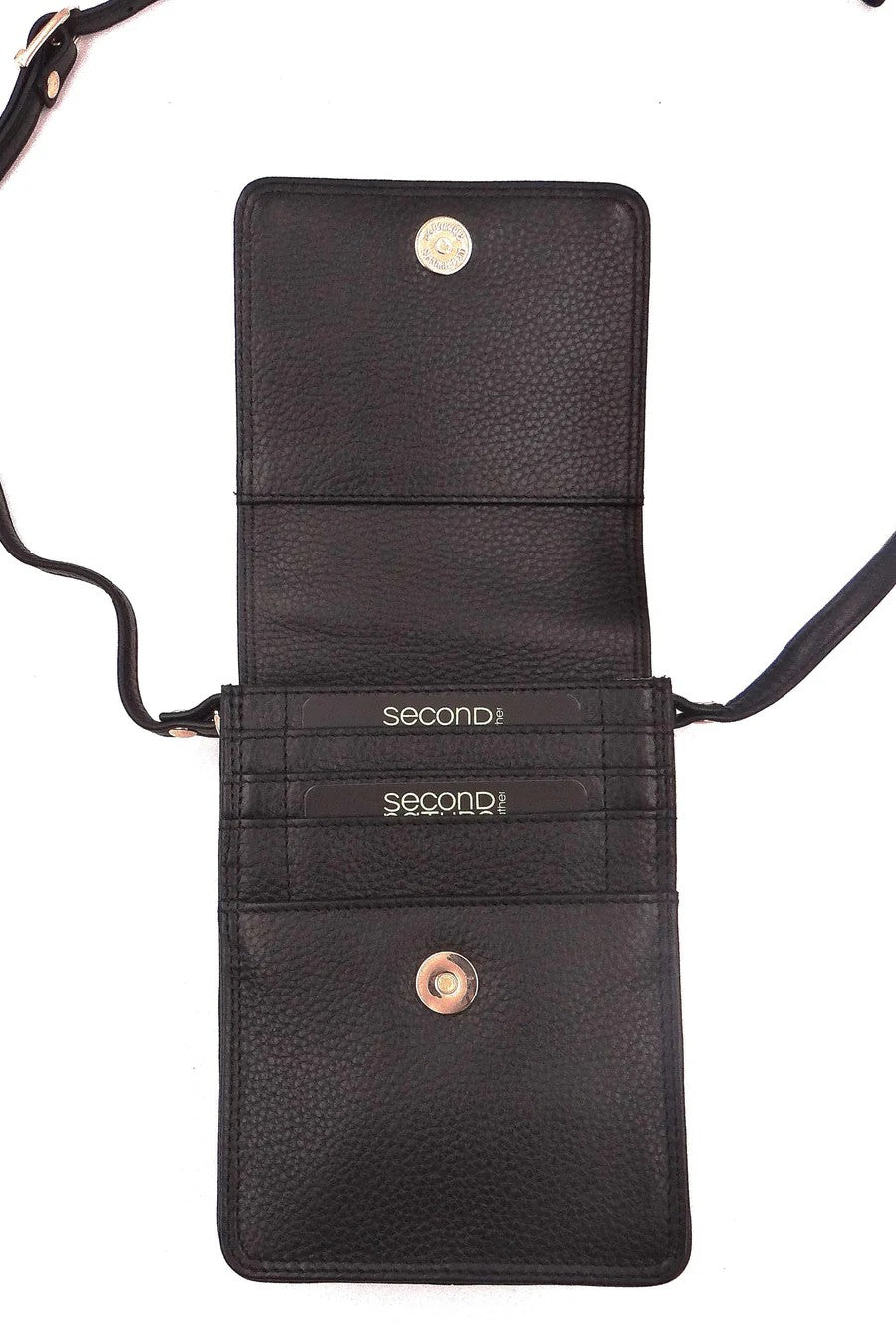 Black leather wallet with visible brand name on a white background