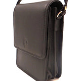 Black leather crossbody bag on a white background