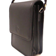 Black leather crossbody bag on a white background