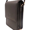 Black leather crossbody bag on a white background