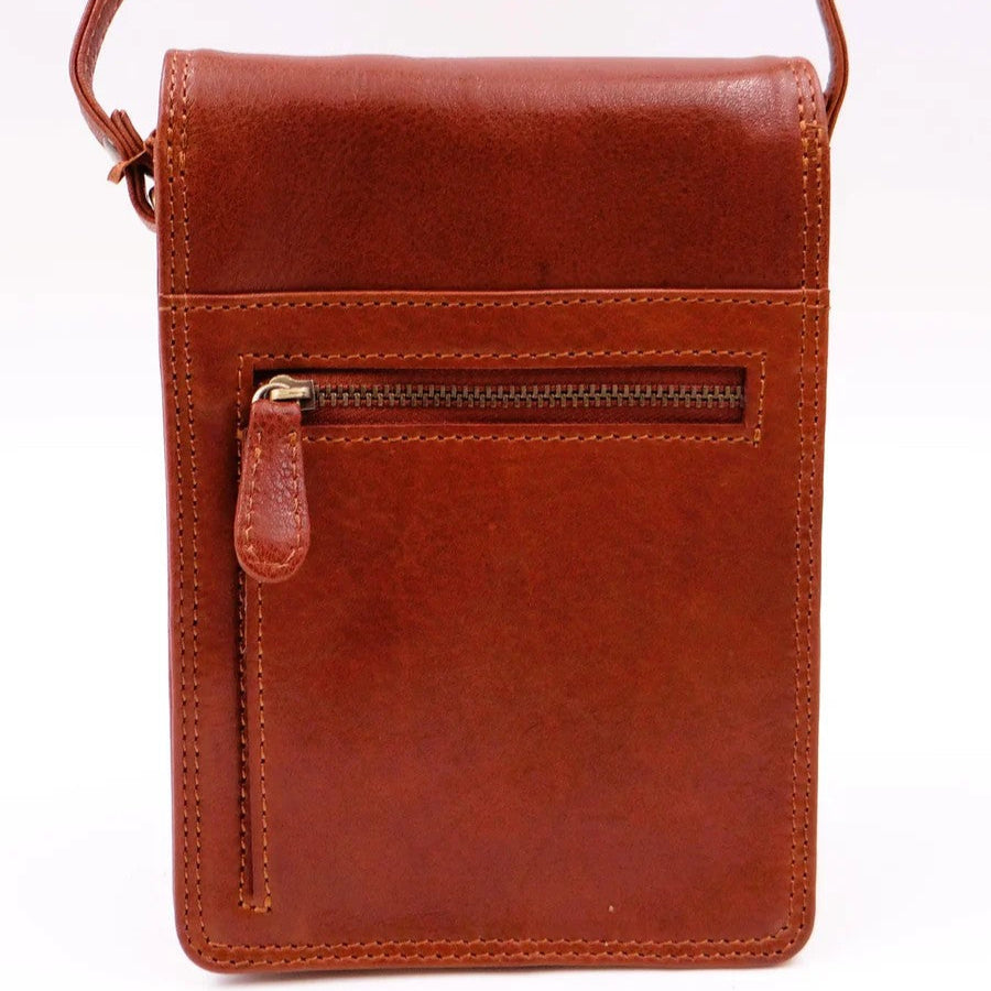 Brown leather crossbody bag on a white background