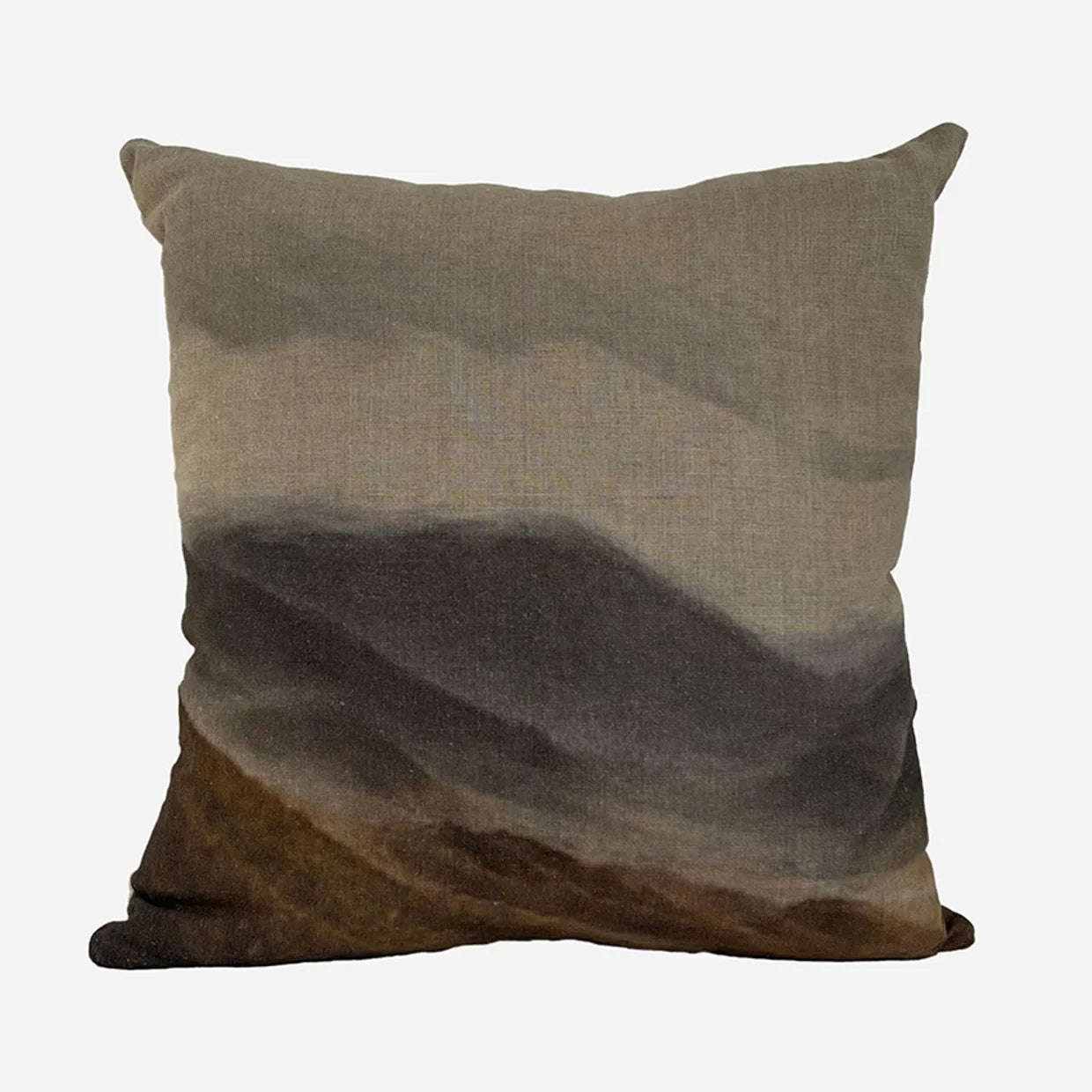 Central Otago Cushion Cover from CC Interiors at Cerise.  Front features artwork of Central Otago NZ in brown, grey earthy tones.  Measure 50cm x 50cm  and it is made from 100% line.  The reverse is plain oatmeal linen.