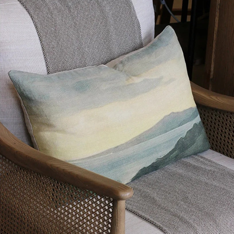 Concept photo showing the Island at Dusk Cushion cover in a lumber style made from 100% linen at Cerise.