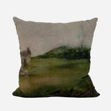 SAtone Cottage Cushion cover from CC Interiors at Cerise.  Features artwork of a stone cottage in a Central Otago, New Zealand landscape.  generously sized at 50cm square and made from 100% linen.