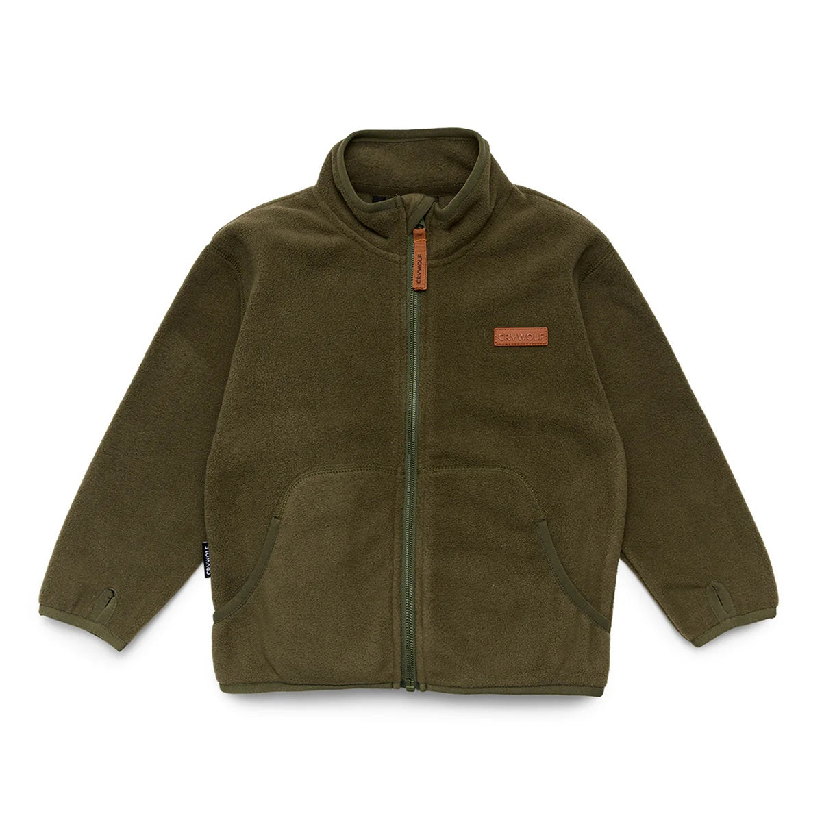 Crywolf lightweight fleece made from recycled polyester with zip fron and side pockets at Cerise. Available in Olive colour