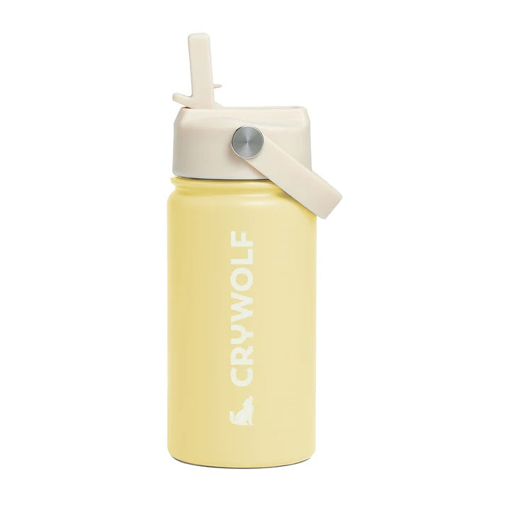 Kids stainless steel crywolf drink bottle in a yellow buttercup colour at Cerise.