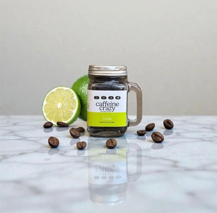 Caffeine Crazy Coffee Scrub with Lime essential oil in glass jar