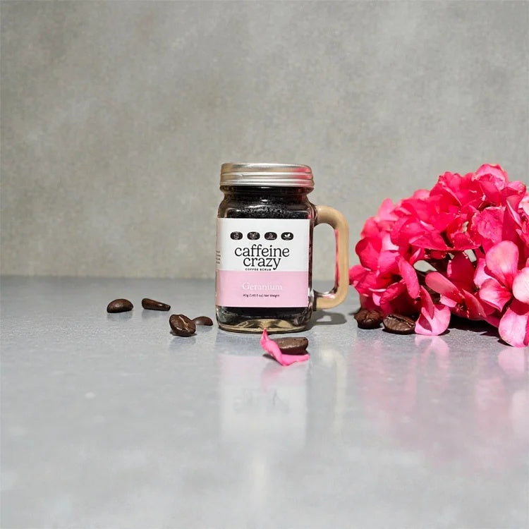 Caffeine Crazy Geranium infused Coffee Scrub in glass jar