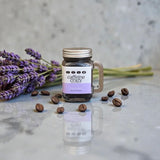 Caffeine Crazy Coffee scub infused with Marlborough Lavender Oil in glass jar