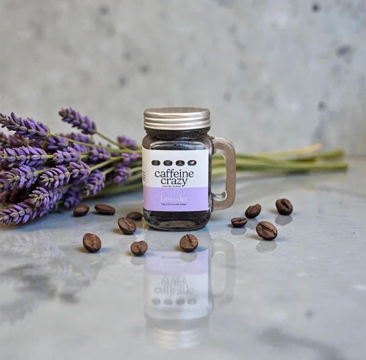 Caffeine Crazy Coffee scub infused with Marlborough Lavender Oil in glass jar