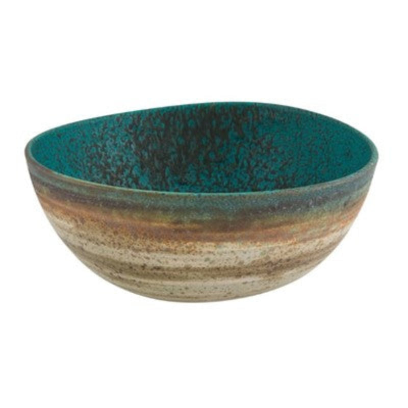 Cas Alegre Sauvage Salad bowl in a teal blue and natural colours in a  textured finish. at Cerise.   Measure 260mm diameter.
