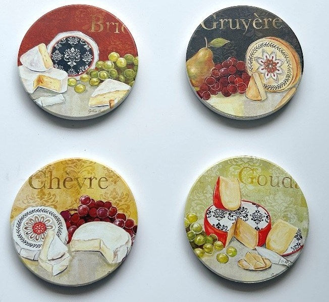 Set f four coasters each featurning a different type of cheese