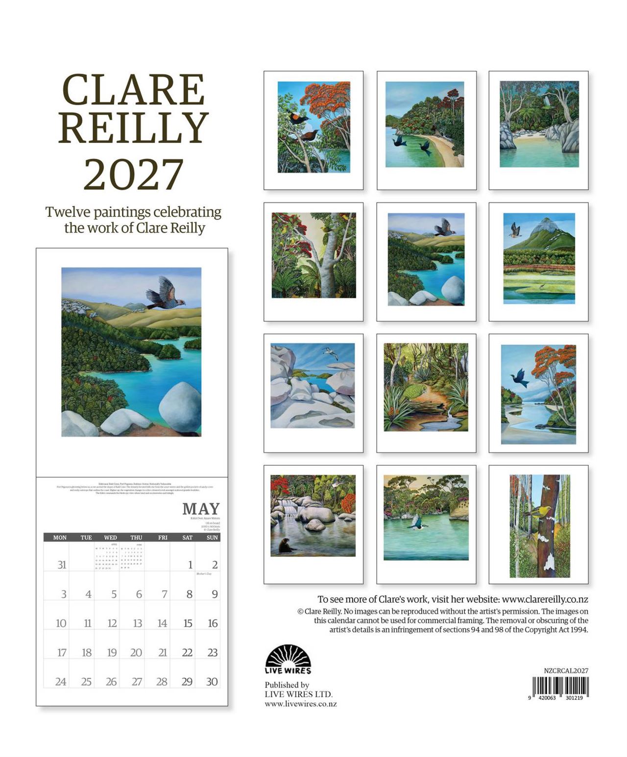 New Zealand Artist Clare Reilly 2027 Wall Calendar at Cerise. New Zealand design and print.