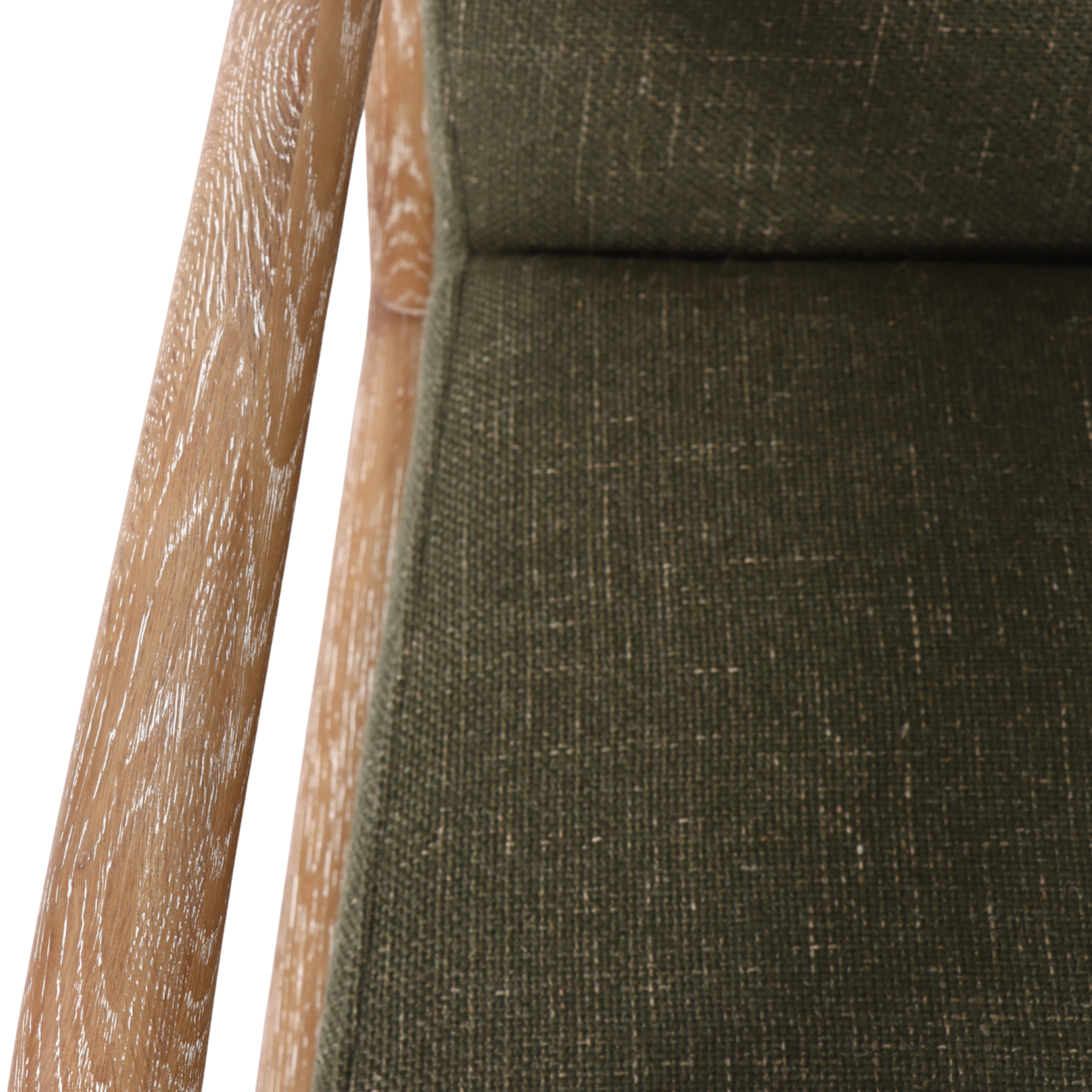 Close up photo of Luca Juniper Green occasional chair to show texxtured fabric and washed oak arms