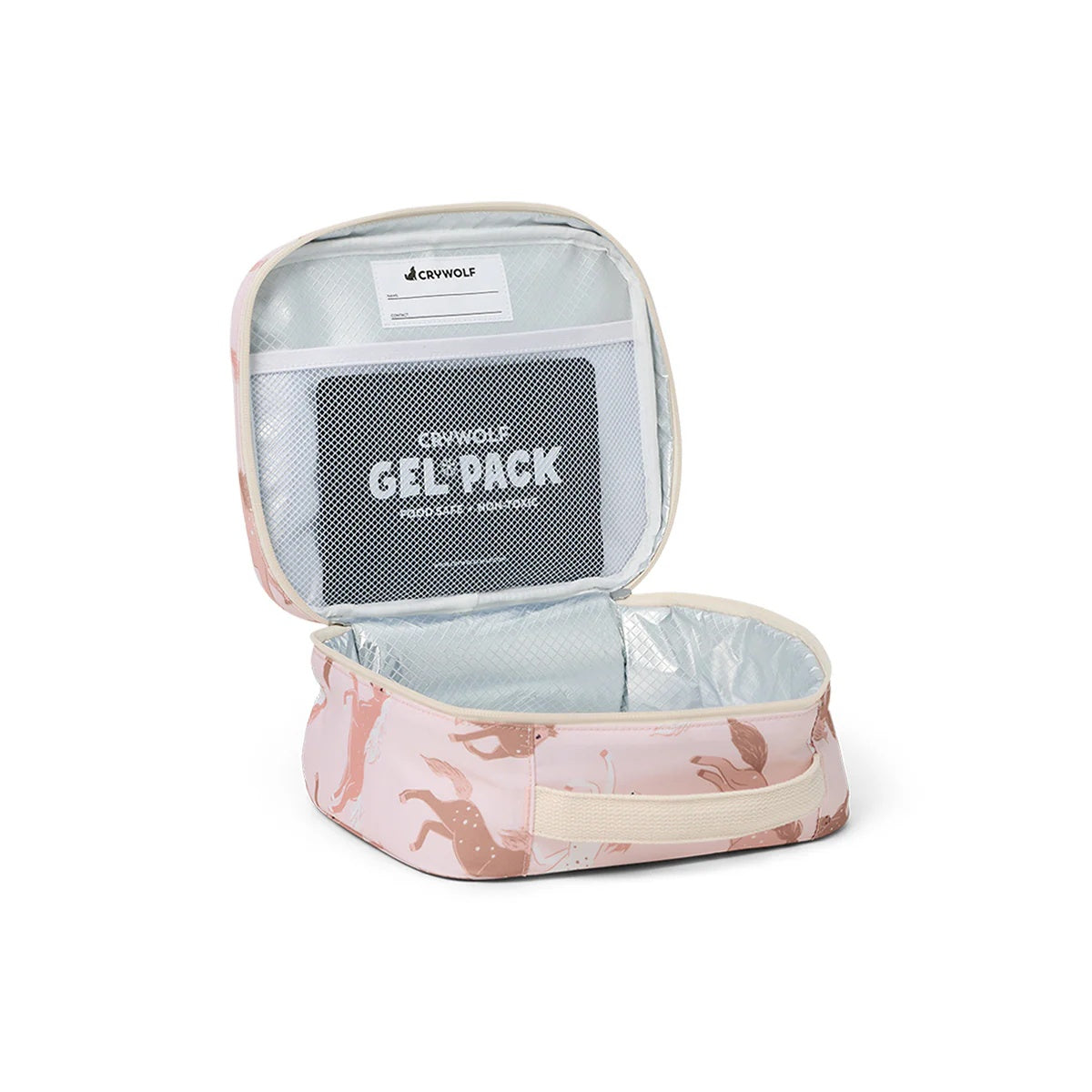 Crywolf Everyday Lunchbag to keep kids snacks cool and luches fresh at Cerise. Made with food grade insulated lining and removeable non-toxic gel pad to keep food cool and has a handy carry handle. Available in Blush Ponies Design.
