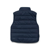 Crywolf reversible Yeti Vest in Ash a navy and natural colour block at Cerise. Reverses from colour block pattern on sherpa fleece side to navy on recycled polyester puffer side.