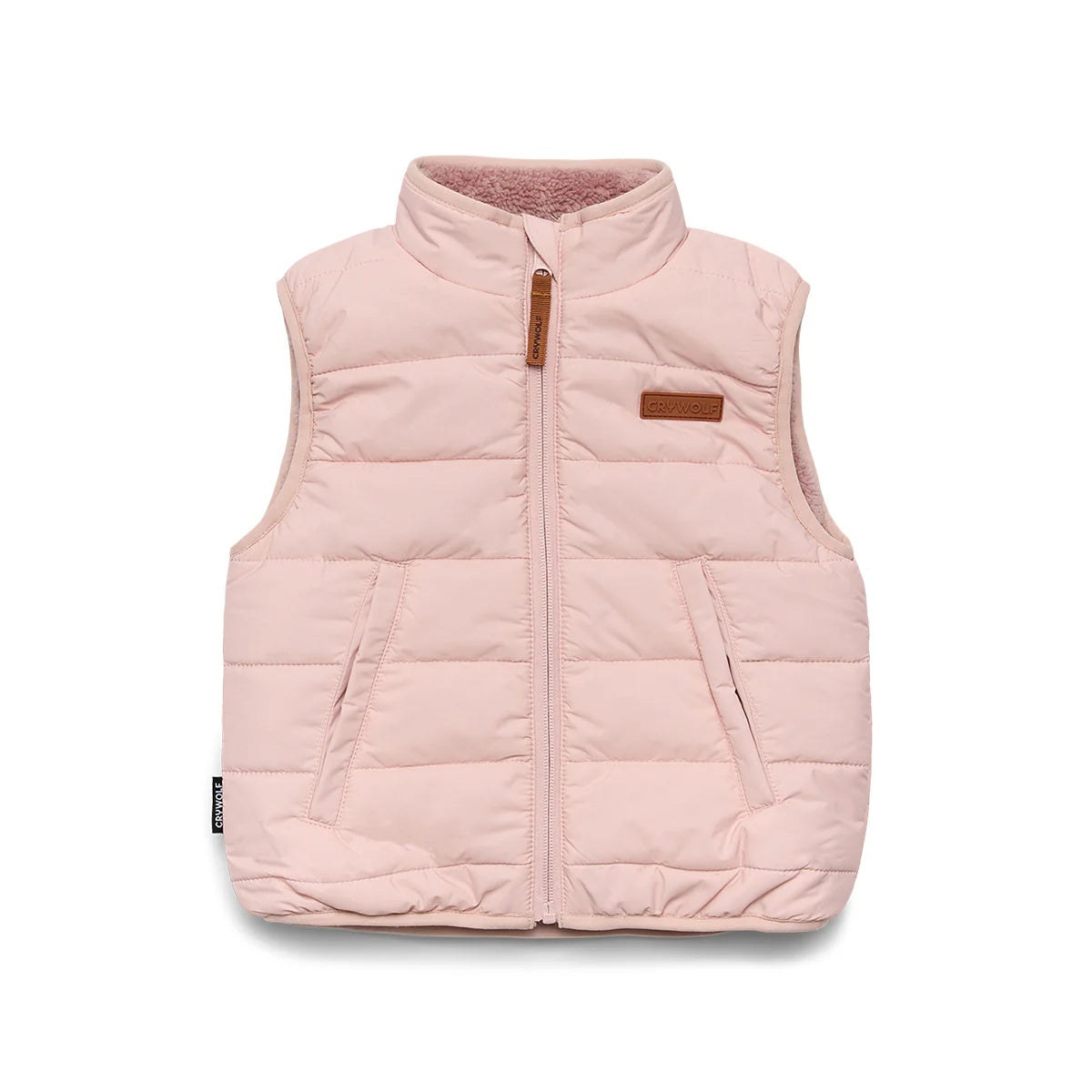 Crywolf reversible Yeti Vest in Harvest sft pink colour at Cerise. Reverses from colour block pattern on sherpa fleece side to soft pink on recycled polyester puffer side.