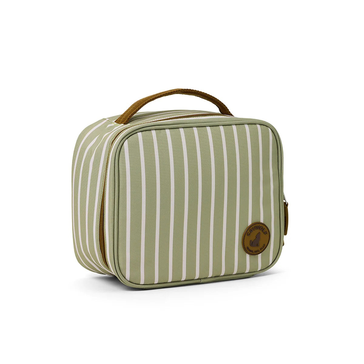 Crywolf Everyday Lunchbag to keep kids snacks cool and luches fresh at Cerise. Made with food grade insulated lining and removeable non-toxic gel pad to keep food cool and has a handy carry handle. Available in Green Elm Stripe Design.