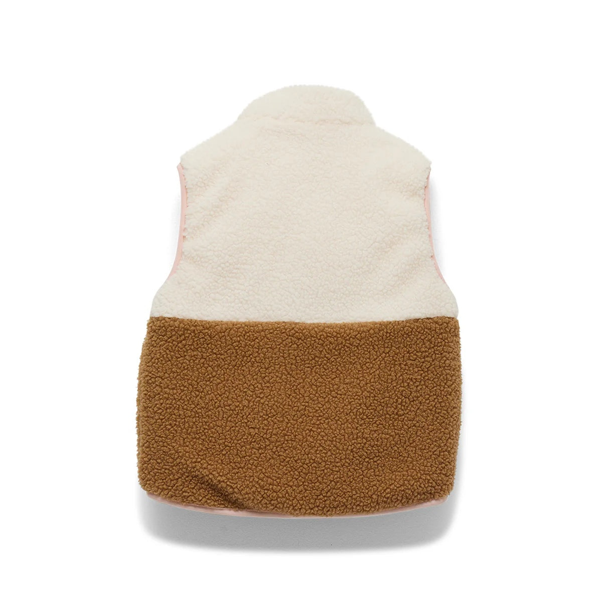 Crywolf reversible Yeti Vest in Harvest soft pink colour at Cerise. Reverses from colour block pattern on sherpa fleece side to soft pink on recycled polyester puffer side.