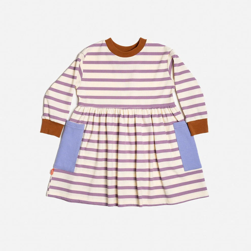 Das Ist Maurice Long sleeved Bell dress in purple and white stripe with blue patch pockets and brown rib neck and cuff trim at cerise nz