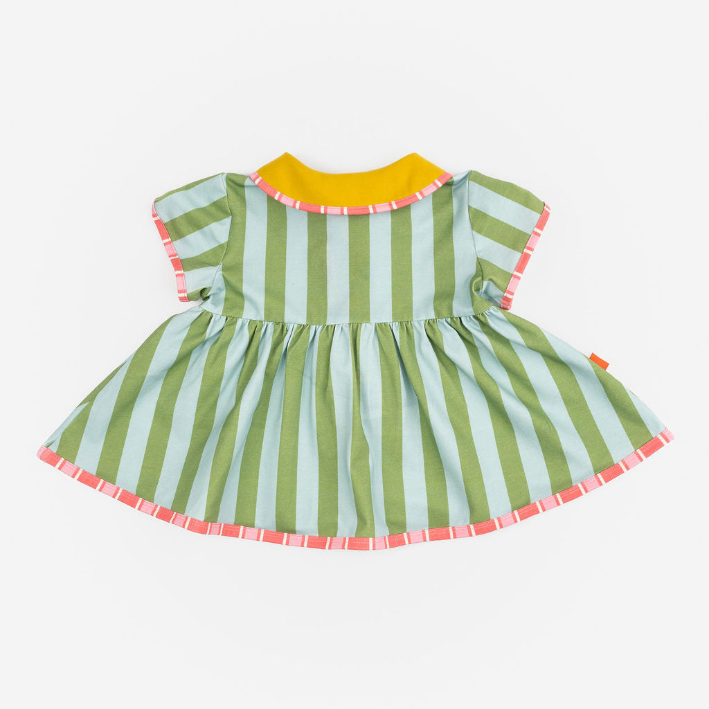 Das Ist Maurice Button Dress in Minty Stripes with front button contrast  at Cerise