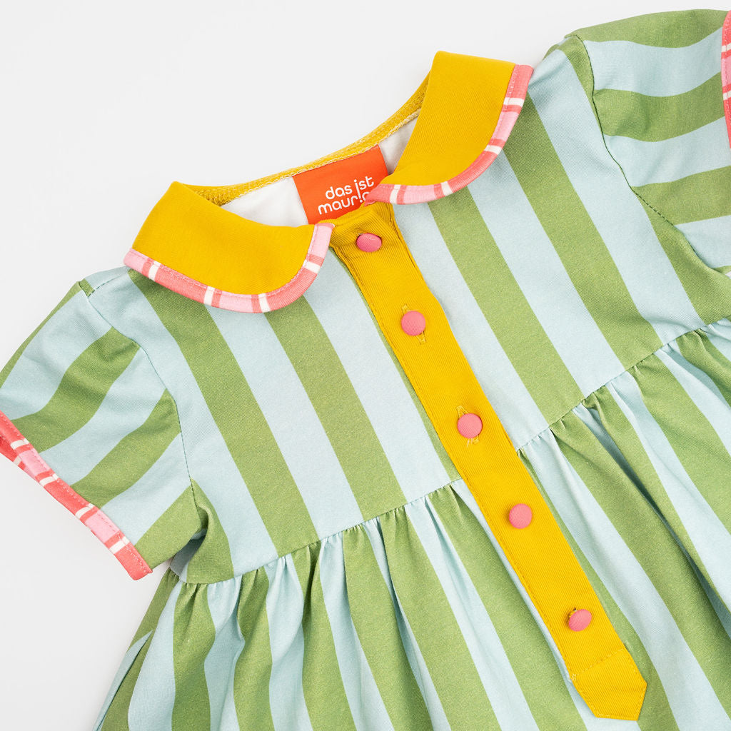 Das Ist Maurice Button Dress in Minty Stripes with front button contrast  at Cerise