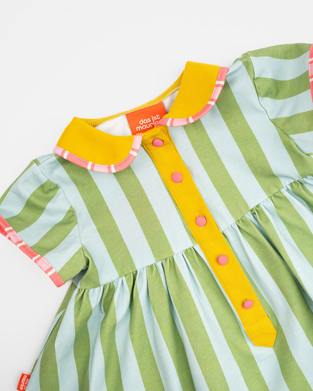 Das Ist Maurice Button Dress in Minty Stripes with front button contrast  at Cerise