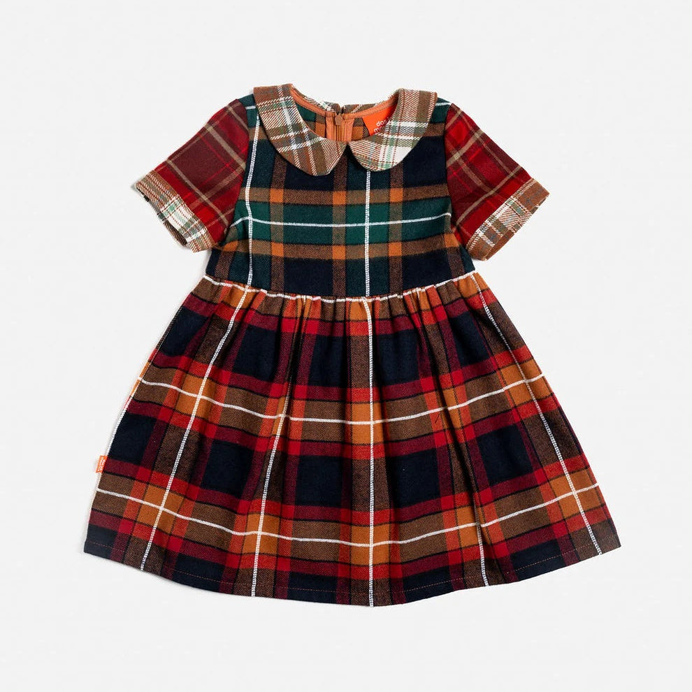 Das Ist Maurice Empire Dress in tartan fabric with peter pan colour and short sleeves at Cerise