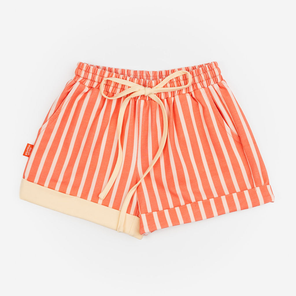 Das Ist Maurice Shorts in Peachy Stripe with contrast rolled cuff and drawstring elasticated waist at Cerise