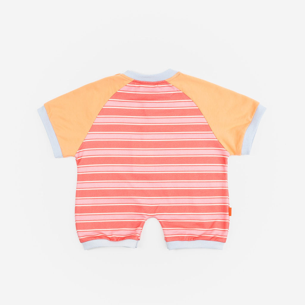 Das Ist Maurice Romper for Baby and toddlers at Cerise.  Peachu Bug design in a soft melon pink strip with contrasting plain sleeves and a Bug design on the front.  Snap closures for easy nappy changes.