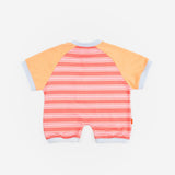 Das Ist Maurice Romper for Baby and toddlers at Cerise.  Peachu Bug design in a soft melon pink strip with contrasting plain sleeves and a Bug design on the front.  Snap closures for easy nappy changes.