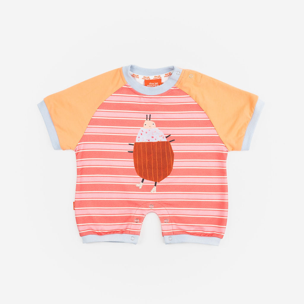 Das Ist Maurice Romper for Baby and toddlers at Cerise.  Peachu Bug design in a soft melon pink strip with contrasting plain sleeves and a Bug design on the front.  Snap closures for easy nappy changes.