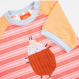 Das Ist Maurice Romper for Baby and toddlers at Cerise.  Peachu Bug design in a soft melon pink strip with contrasting plain sleeves and a Bug design on the front.  Snap closures for easy nappy changes.