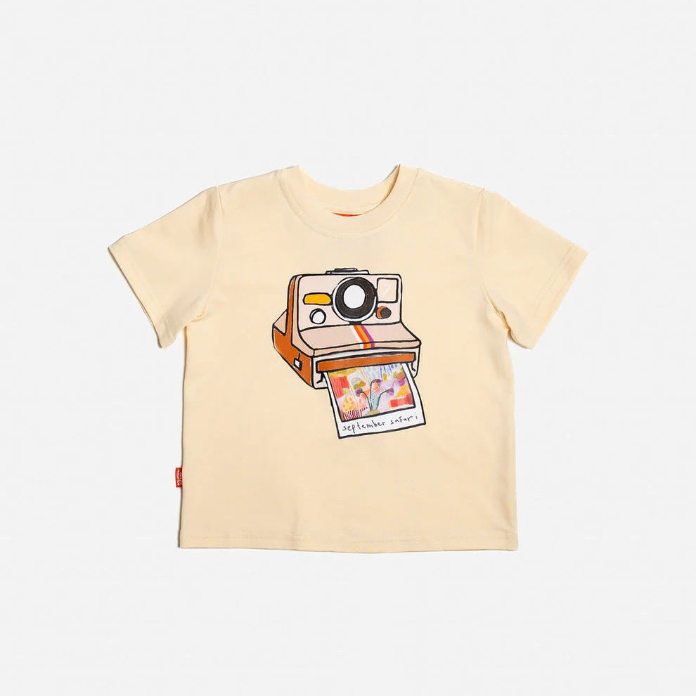 Das Ist Maurice  retro illustrated polaroid t-shirt with a nostalgic photo print on the front featuring our September Safari hand painted abstract artwork at Cerise NZ