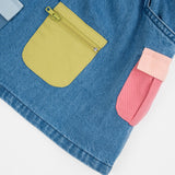Das Ist Maurice Skirt with Pockets at  Cerise.  Blue Denim Skirt for kids with colourful patch pockets and etail. Elastic waist and drawstring.