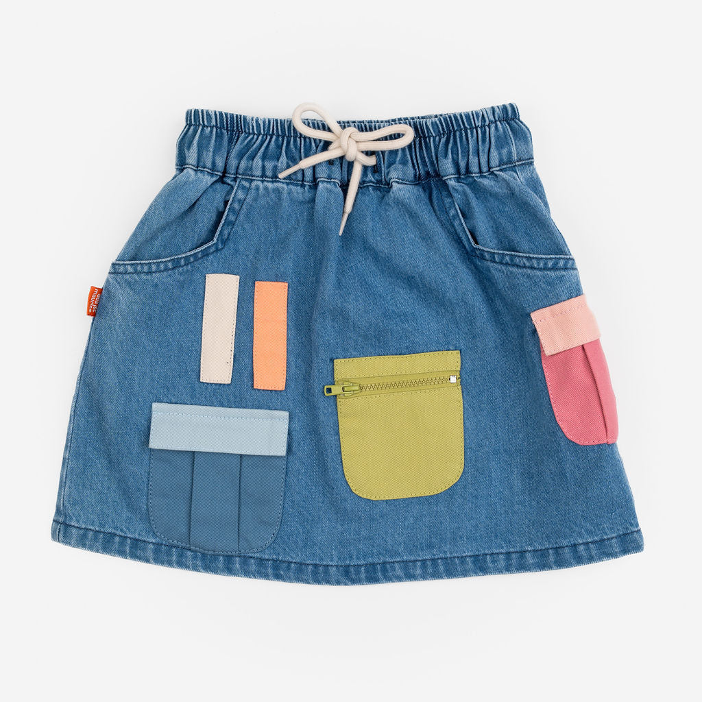 Das Ist Maurice Skirt with Pockets at  Cerise.  Blue Denim Skirt for kids with colourful patch pockets and etail. Elastic waist and drawstring.