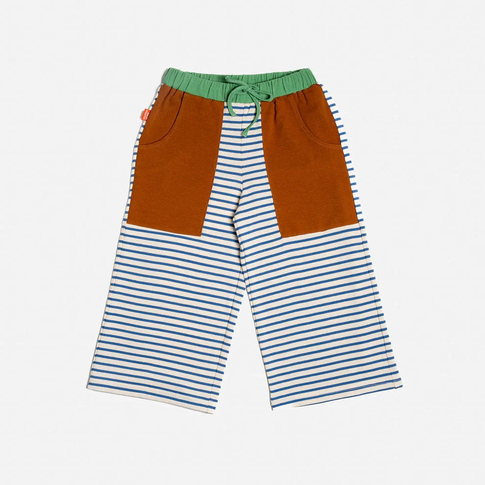 Das Ist Maurice navy & white Striped Pant with large brown front patch pockets and green waistbank. Wide leg and drawstring elasticated waist at Cerise NZ