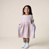 Das Ist Maurice Long sleeved Bell dress for young girls in purple and white stripe with blue patch pockets and brown rib neck and cuff trim at cerise nz
