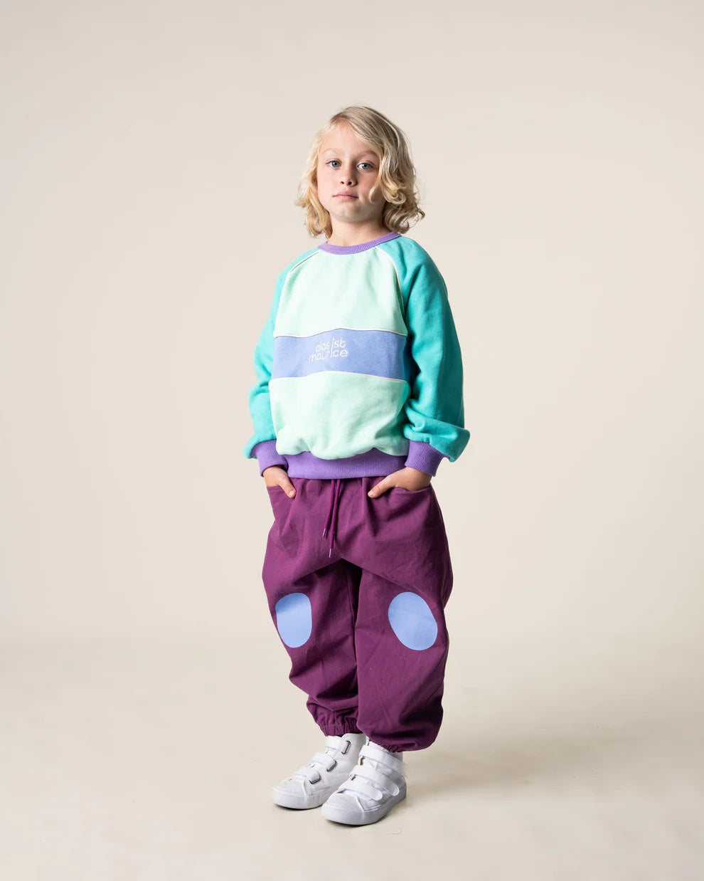 Das Ist Maurice Indigo Barrel Pants in Bleberry with blue knee patch at Cerise NZ