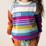 Das Ist Maurice multi coloured  Ski Stripes jersey knit sweater with crew neck, worn with Stripe Wide Pants at Cerise NZ