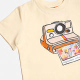Close up picture of Das Ist Maurice  retro illustrated polaroid t-shirt with a nostalgic photo print on the front featuring our September Safari hand painted abstract artwork at Cerise NZ