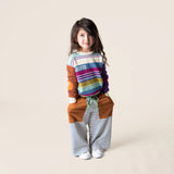 Das Ist striped wide leg pant for girls or boys - unisex design in ble and white stripe with brown pockets and green elasticated waistband at Cerise NZ