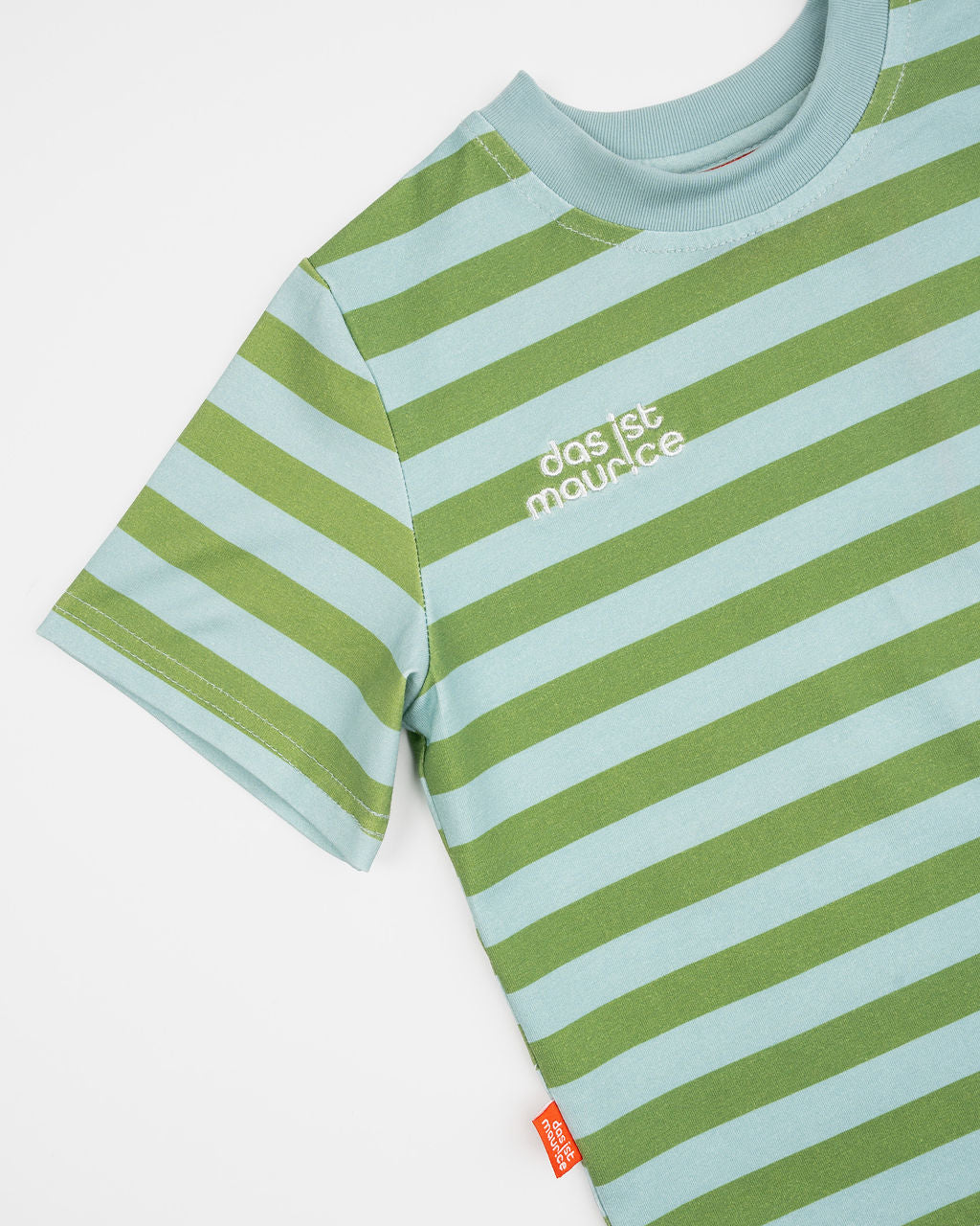 Das Ist Maurice T Shirt in Minty green and blue stripes and 100% cotton at Cerise.