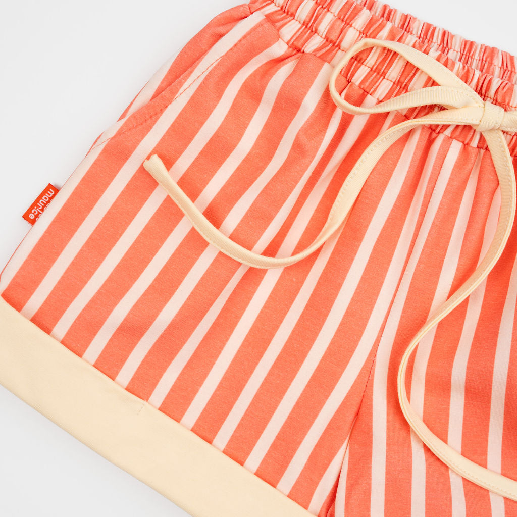 Das Ist Maurice Shorts in Peachy Stripe with contrast rolled cuff and drawstring elasticated waist at Cerise