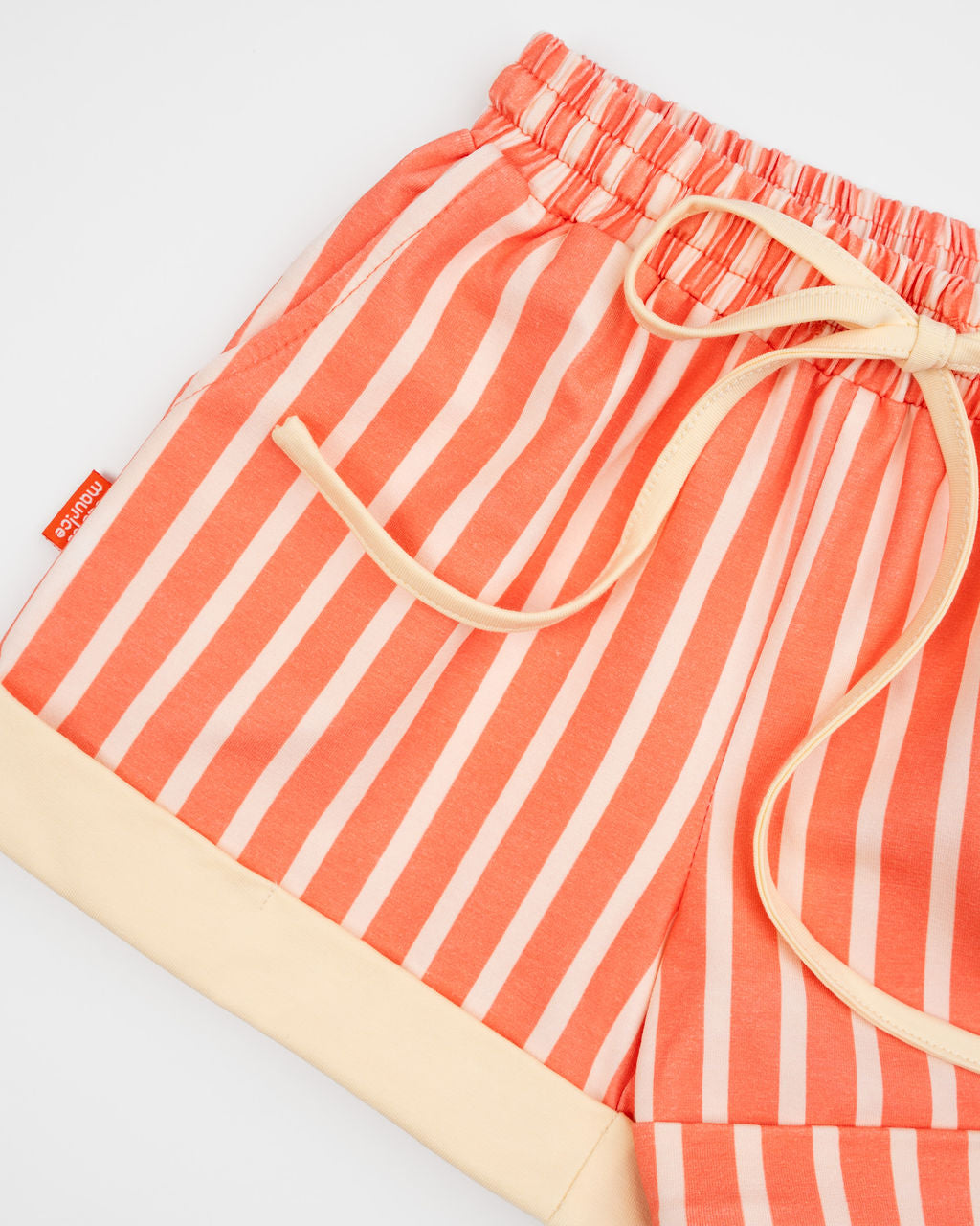 Das Ist Maurice Shorts in Peachy Stripe with contrast rolled cuff and drawstring elasticated waist at Cerise